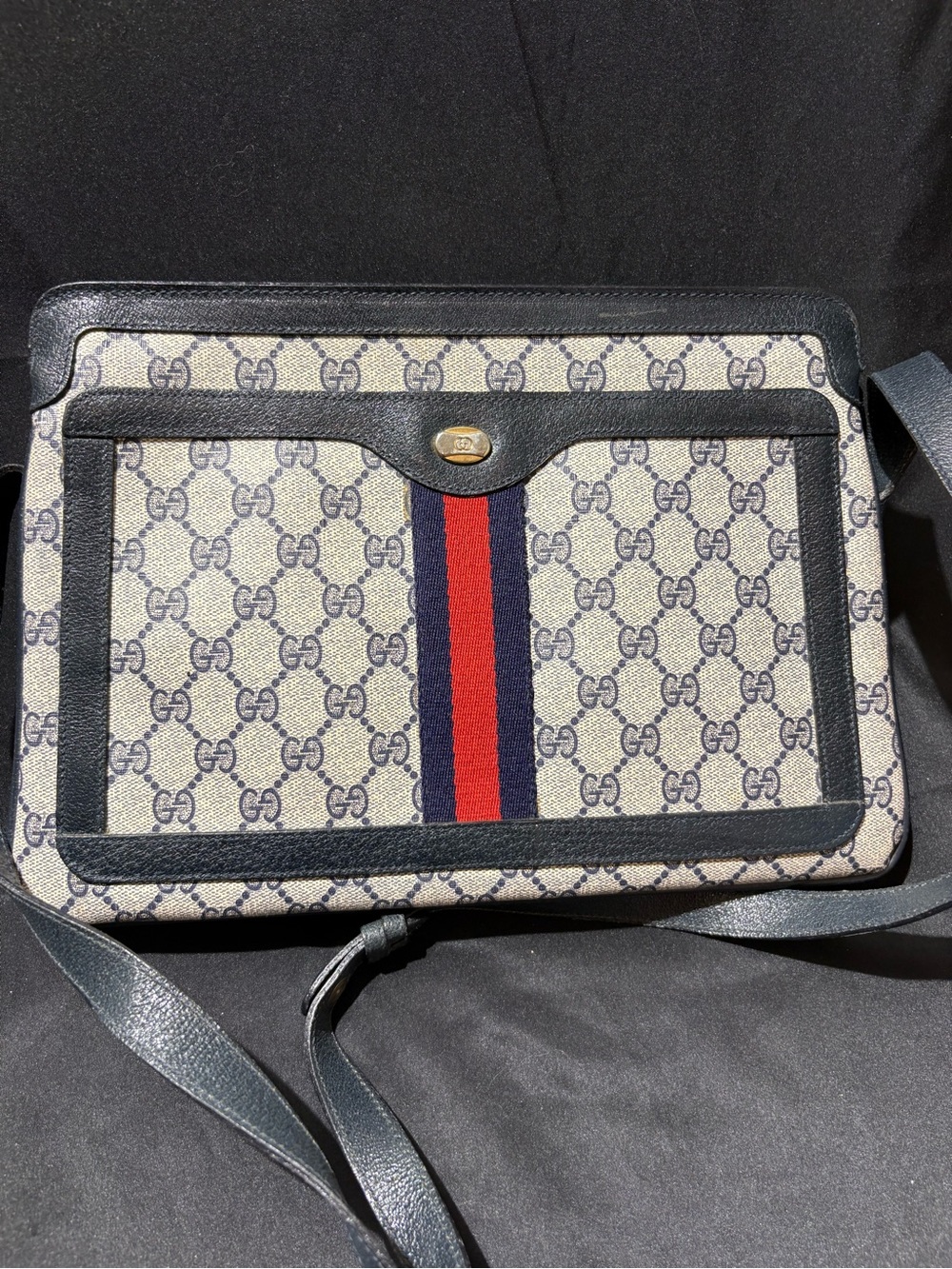Gucci Navy Trim GG Supreme Shoulder Bag with Red and Blue Web Stripe - Picture 1 of 11